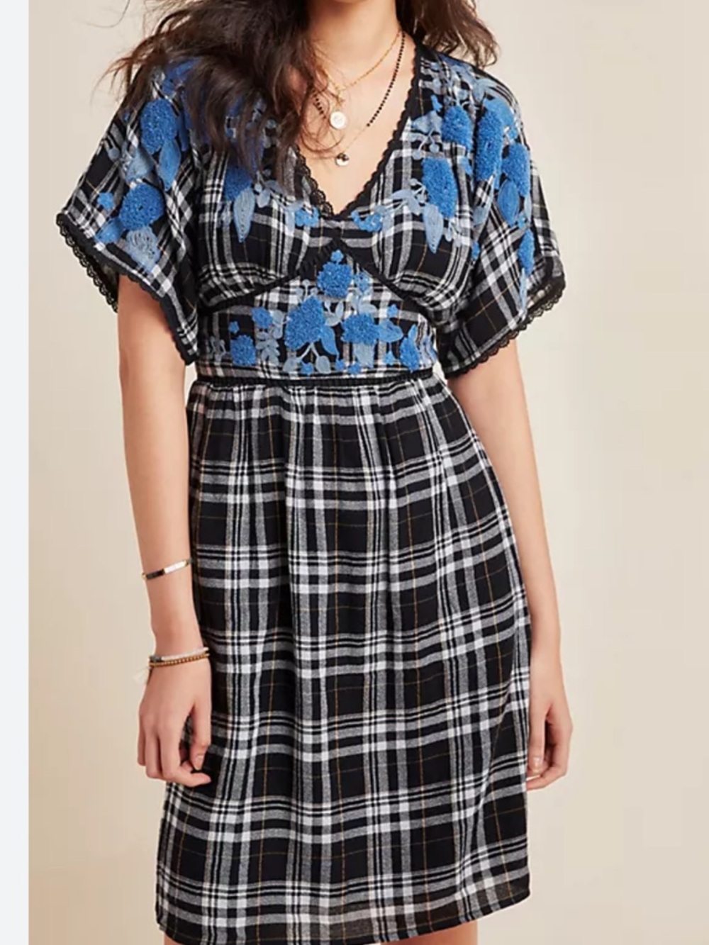 Anthropologie Dress Plaid Western Embroidered 12